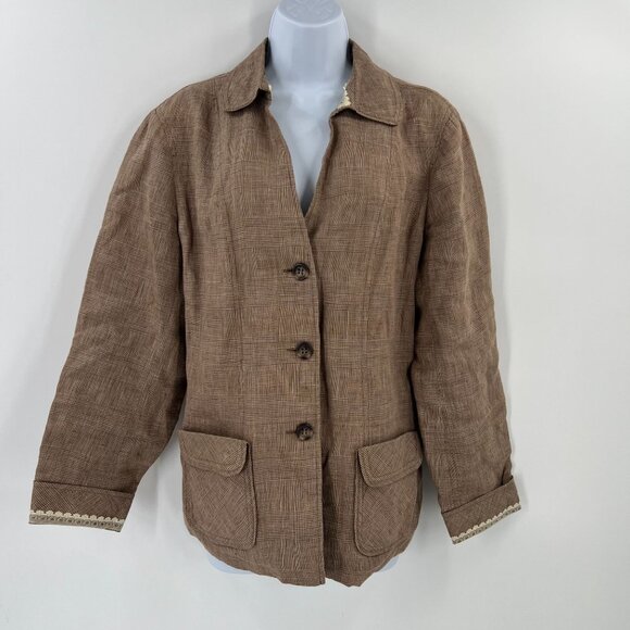 Coldwater Creek Linen Jacket M Brown Plaid Belted Button Front Lined Lace Trim - Picture 3 of 12